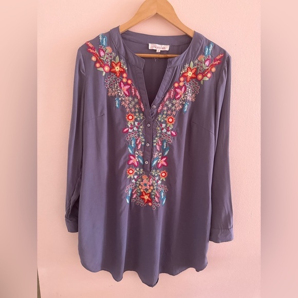 Solitaire Dove Tea Time Garden Tunic top dress gray embroidery colorful size L - Picture 16 of 16